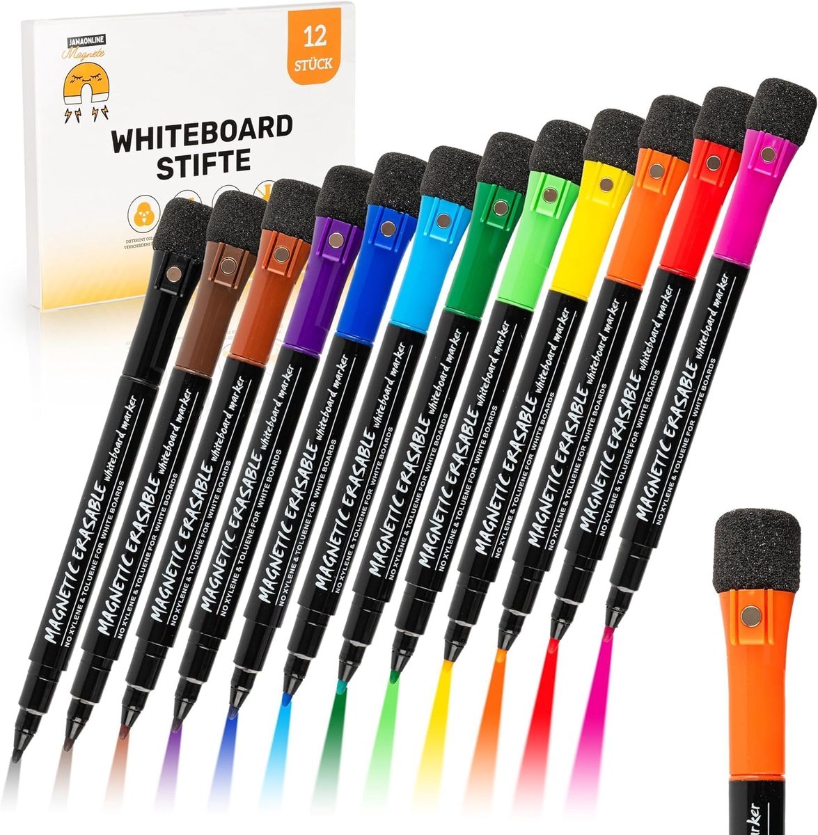 Thijox - Whiteboard Marker Set - 12 Uitwisbare Magnetische Whiteboardstiften met Spons - Premium Multi-kleurige Markers voor School, Kantoor, en Creat