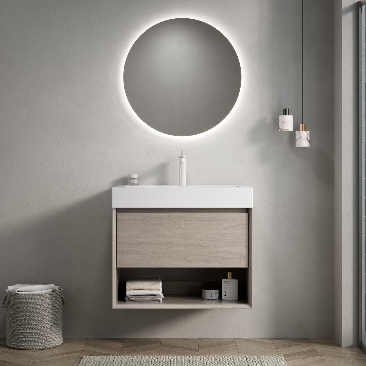 FloraGrace Badkamermeubel - Wandgemonteerd Met Geintegreerde Wastafel En Lade - Voor Moderne Badkamer - Lichte Eikenlook Resin - 70 Cm Wit