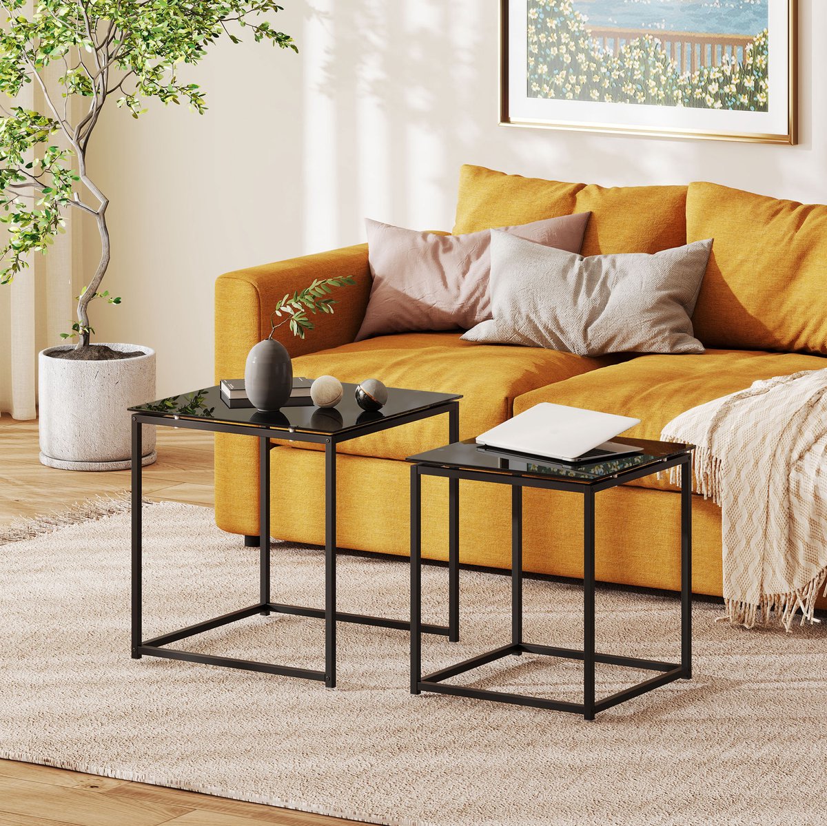 MEUNIQ bijzettafel 2-delige set, vierkante salontafel set met glazen tafelblad en stalen frame, nestbare tafels 50 x 50 x 52 cm en 42 x 42 x 42 cm, zwart