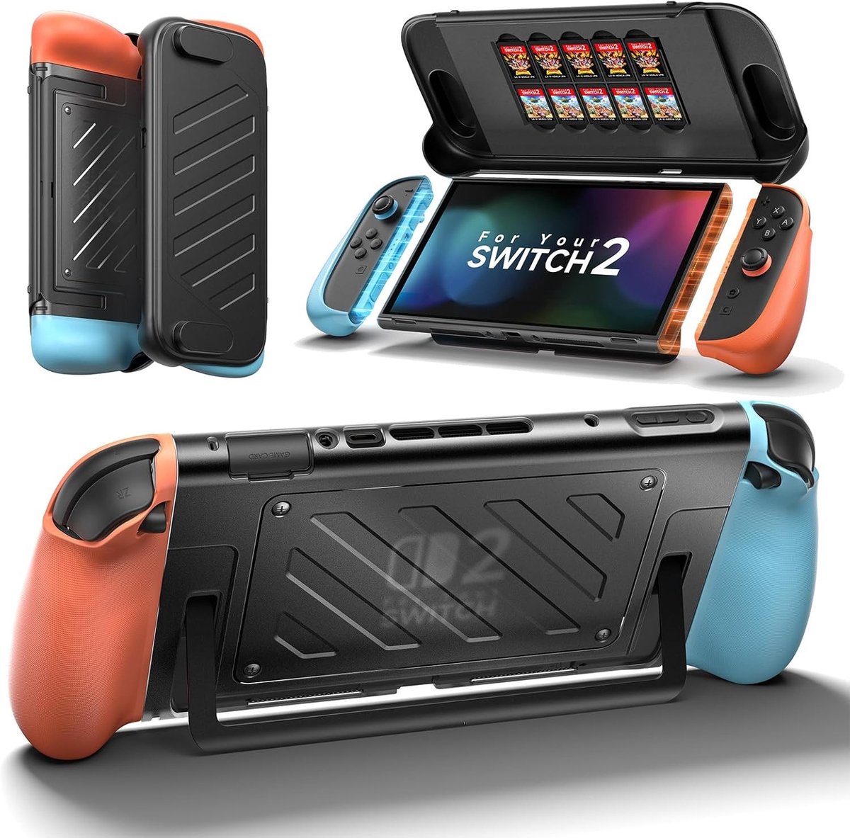 Beschermende hoes voor Nintendo Switch 2, TPU en PC frame, ergonomisch ontwerp, opbergruimte voor 10 gamecards, tripod ondersteuning en antislip grip