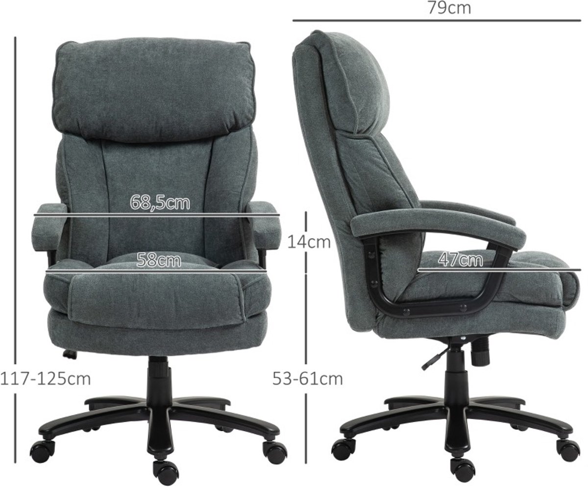 MEUNIQ bureaustoel grijs 68,5 x 79 x 117-125 cm met hoge rugleuning, hoofdsteun, armleuningen, wielen, verstelbare zithoogte en wippfunctie