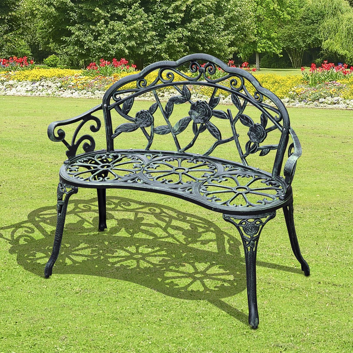 MEUNIQ tuinbank 2-zits 100 x 54 x 78 cm antiekgroen met bloemenmotief, metalen parkbank met aluminium zitting en rugleuning, gietijzeren poten voor tuin of terras