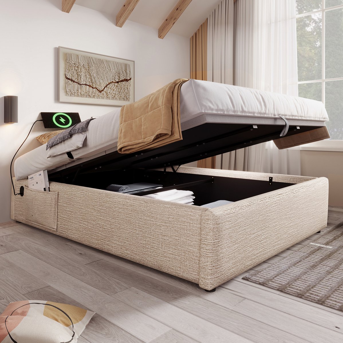 FloraGrace Bed 160x200 cm - Tweepersoonsbed Met USB En Type C - Hydraulische Opbergruimte - Zonder Matras - Stof En Hout - Naturel