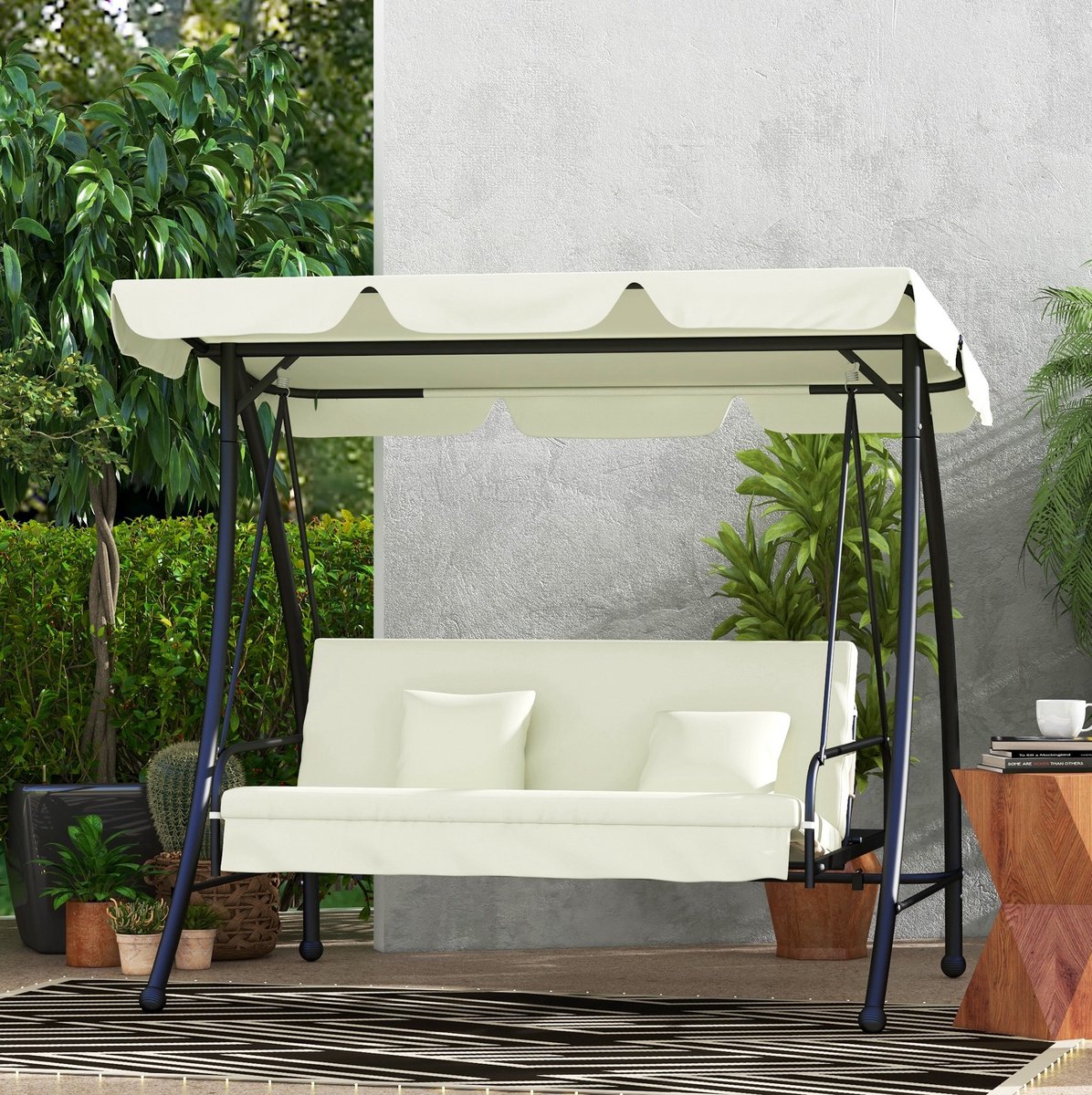 MEUNIQ schommelbank met ligfunctie 3-zits met verstelbaar zonnedak 210 x 125 x 170 cm metalen tuinbank voor tuin terras of balkon crèmewit