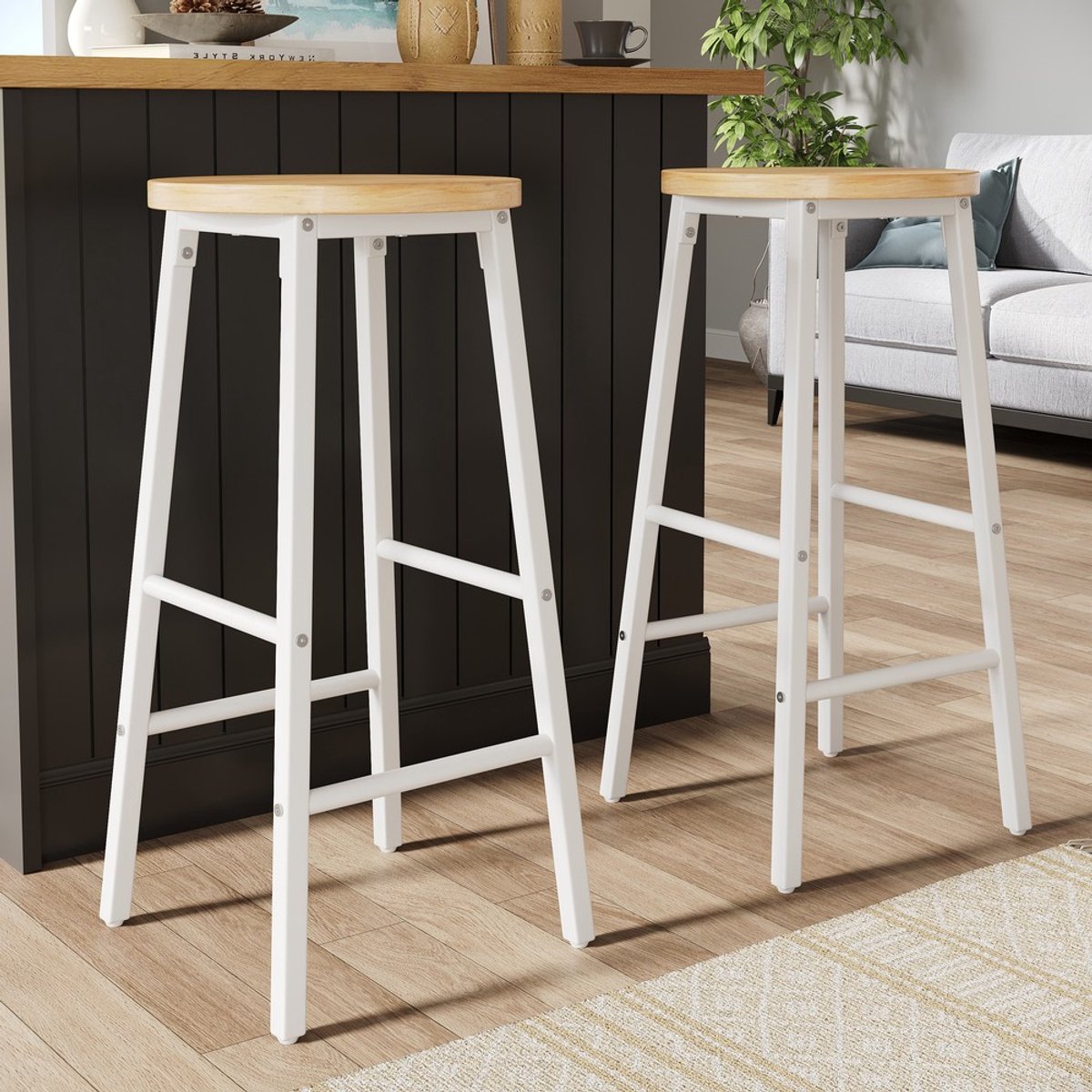 KOMHTOM Barkruk - Set van 2 - Hoogte Verstelbaar - Wit Metalen Onderstel - Houtlook Zitting - 63 cm Hoog - Draagvermogen 150 kg - Voetsteun - Verstelbare Poten