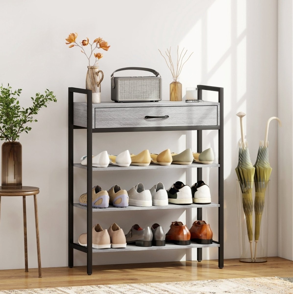 MEUNIQ Schoenenkast 70 x 30 x 87,6 cm met lade en 4-laags open schoenrek, staand halrek voor maximaal 9 paar schoenen, spaanplaat en metaal, grijs