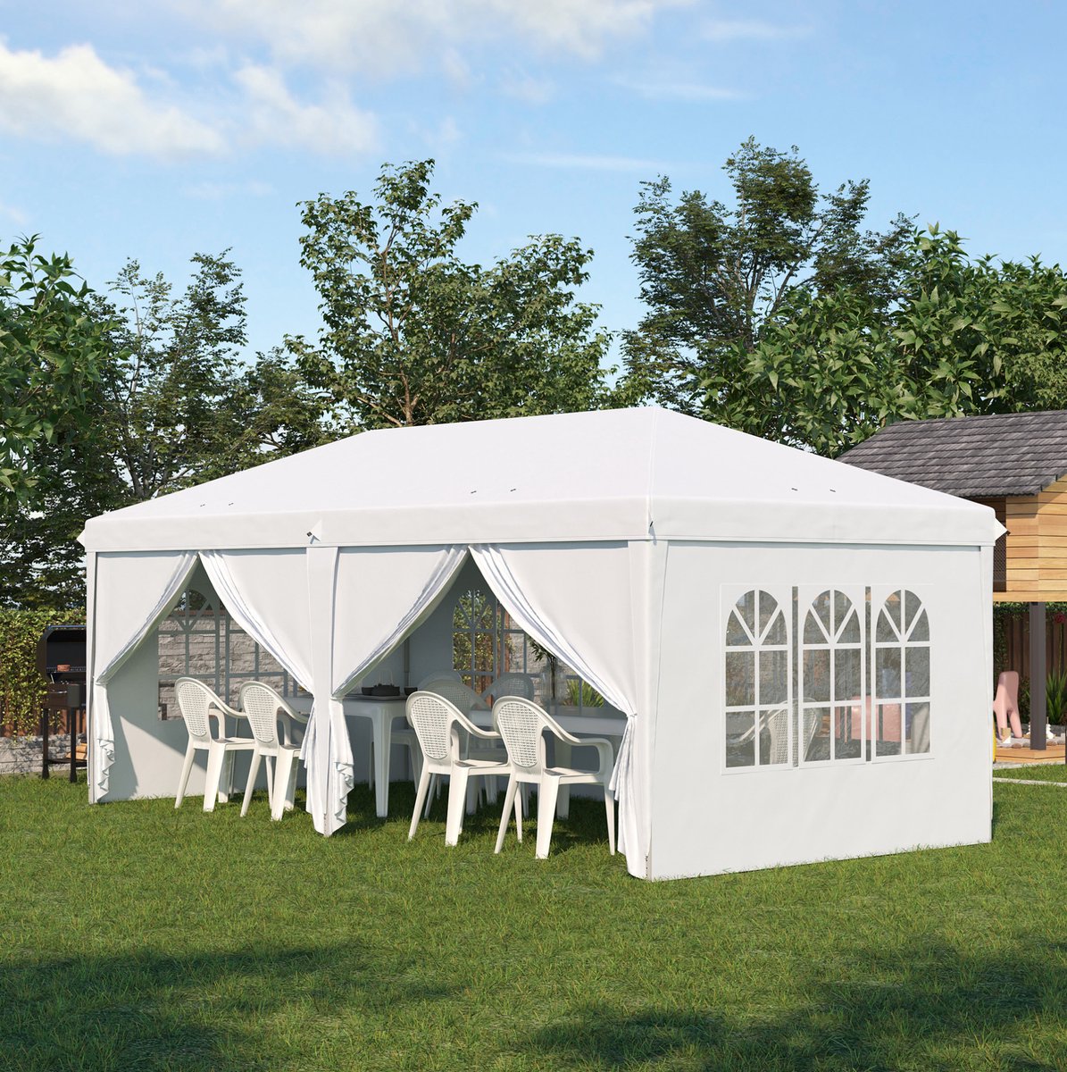 MEUNIQ paviljoen partytent 585 x 295 x 270 cm met 6 afneembare zijwanden, ramen, 2 ritsdeuren, stalen frame, opvouwbaar voor tuin en terras, wit