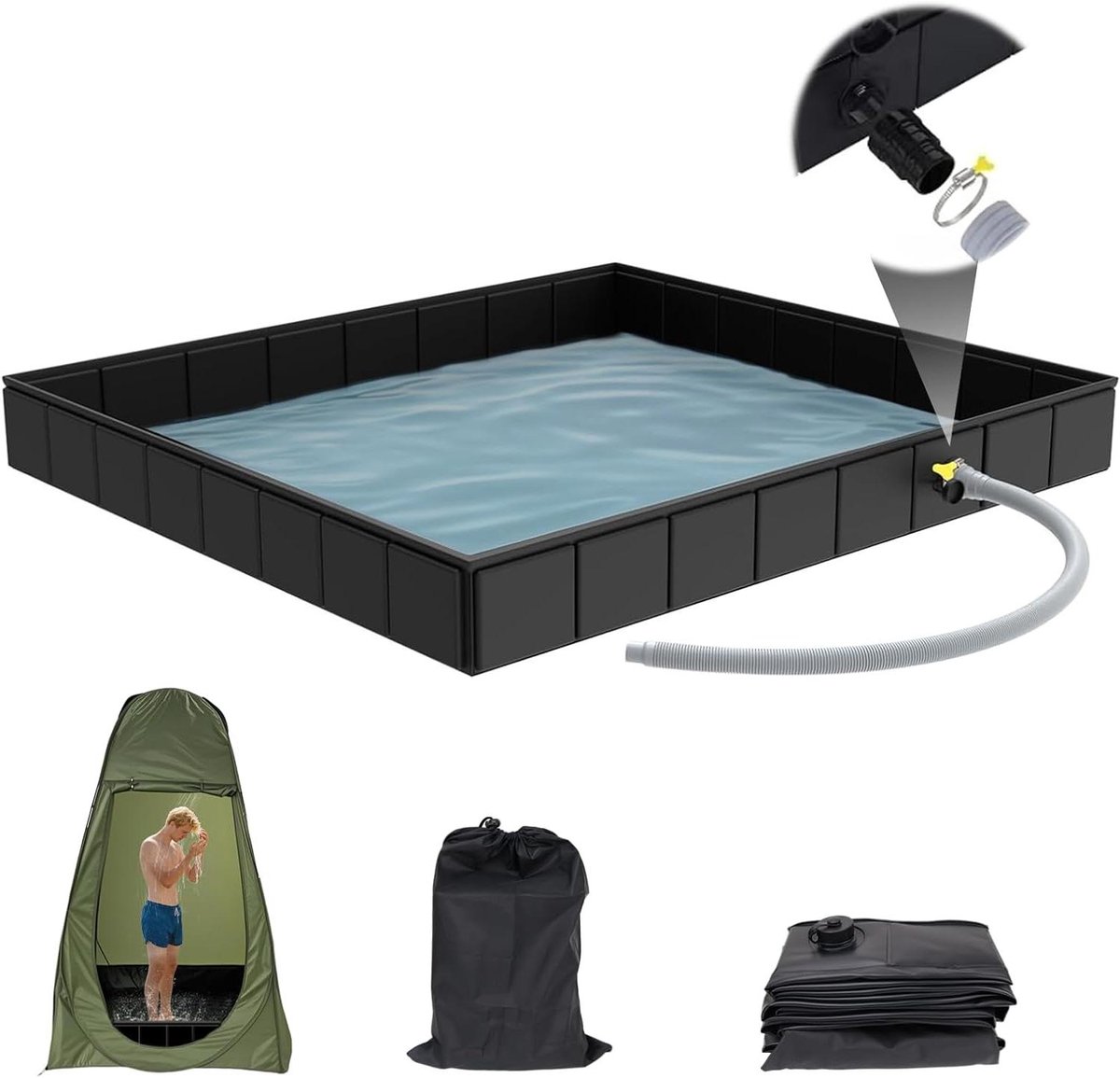 Douchebak Camping - Draagbare Bak - Buiten Douchen - Inklapbaar Met Afvoer - 104x104x13 cm - Zwart