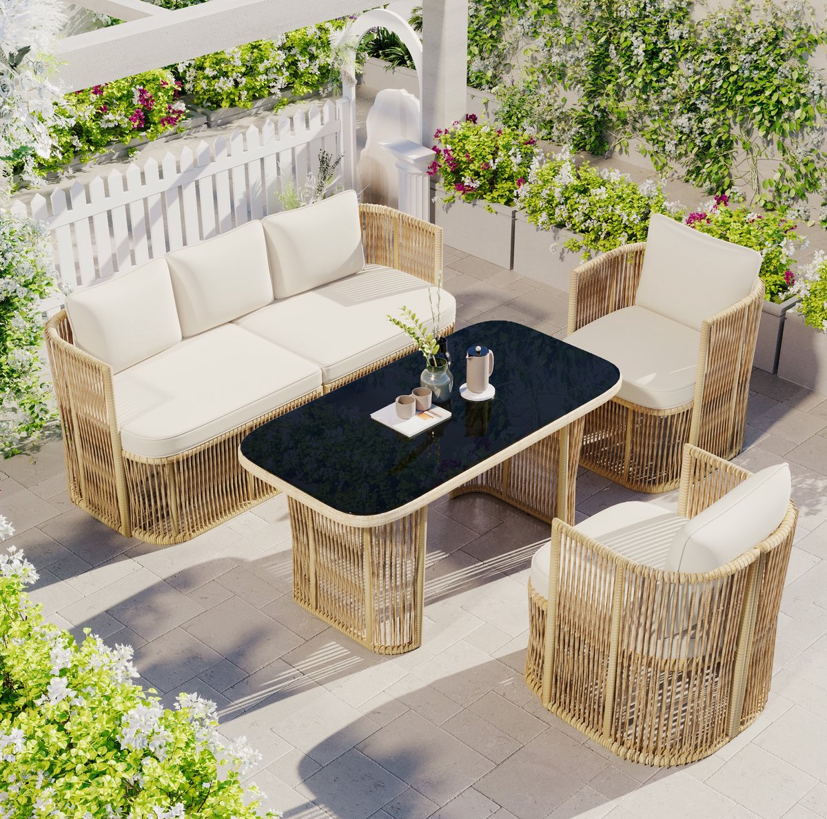 DESMIU Loungeset 172,5 X 69 X 75 Cm - 3-Zitsbank Met 2 Fauteuils En Tafel - Voor Tuin, Terras, Balkon En Zwembad - PE-Rattan Beige Zwart