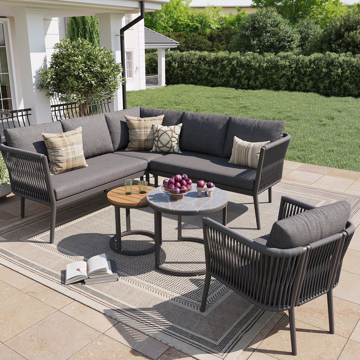 DESMIU Loungeset 6-Delig - Modulaire Hoek Loungeset Met Kussens En 2 Tafels - Voor Tuin, Terras En Balkon - Metaal En Olefine Grijs