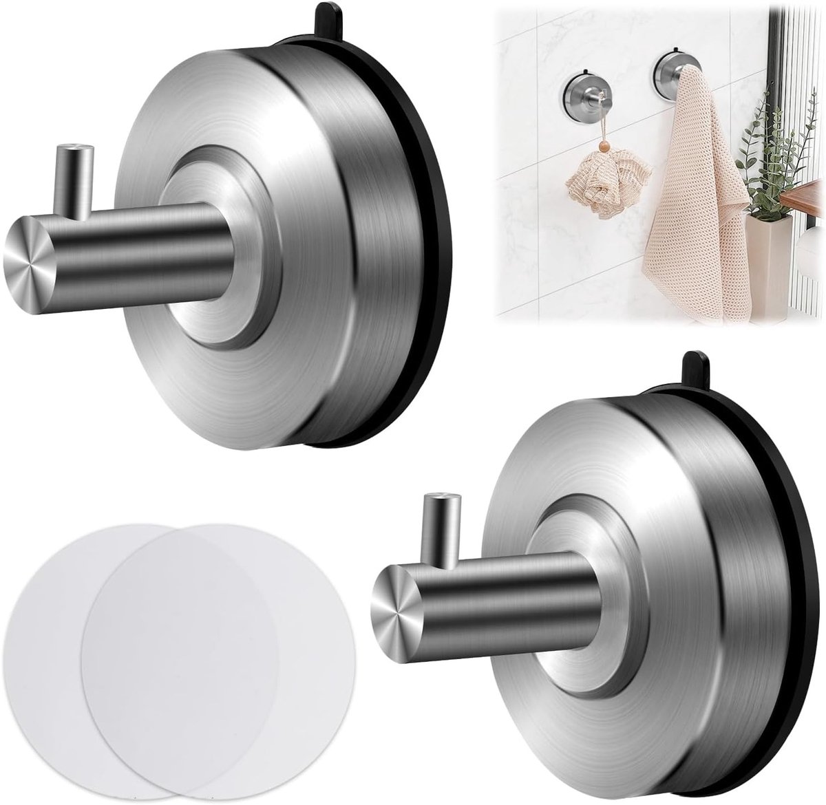 Set van 2 Zuignap Haken, Extra Sterk en Herbruikbaar, Tot 5 kg Belastbaar, Ideaal voor Badkamer en Keuken, RVS Towel Haken en Wandhaken, Geen Boren Nodig