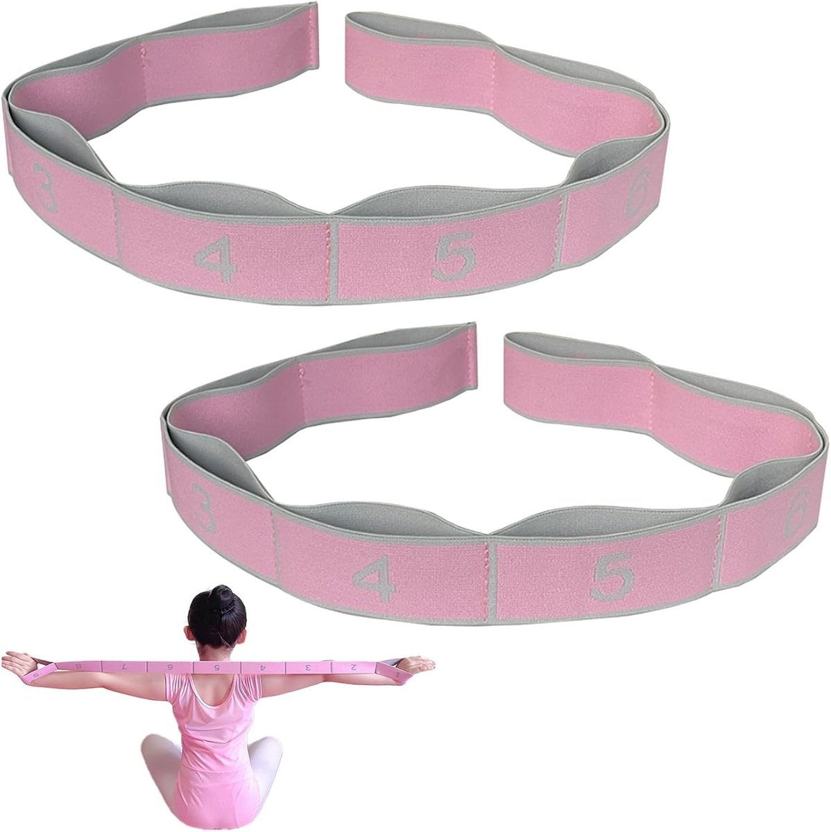 2 Stuks Rekbare Yoga Stretchband met Meerdere Lussen, Ideaal voor Pilates en Gymnastiek, Geschikt voor Jongeren en Sporters (Roze)