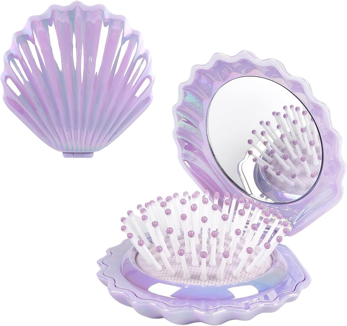 SnelShoppen - Mini Haarborstel Schelpvorm, Vouwbare Reis Haarborstel met Spiegel, Kleine Kam, Haarmassage Kam, Styling Tools voor Vrouwen en Meisjes (