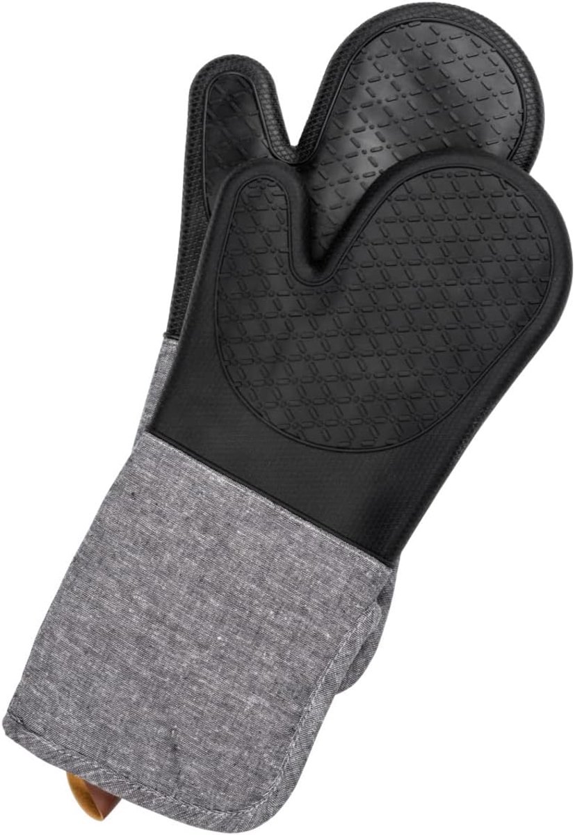 Thijox - Ovenwanten BBQ - 2 siliconen barbecuehandschoenen met extra lange schacht - zwarte/grijze hittebestendige handschoenen voor tuin & keuken - c