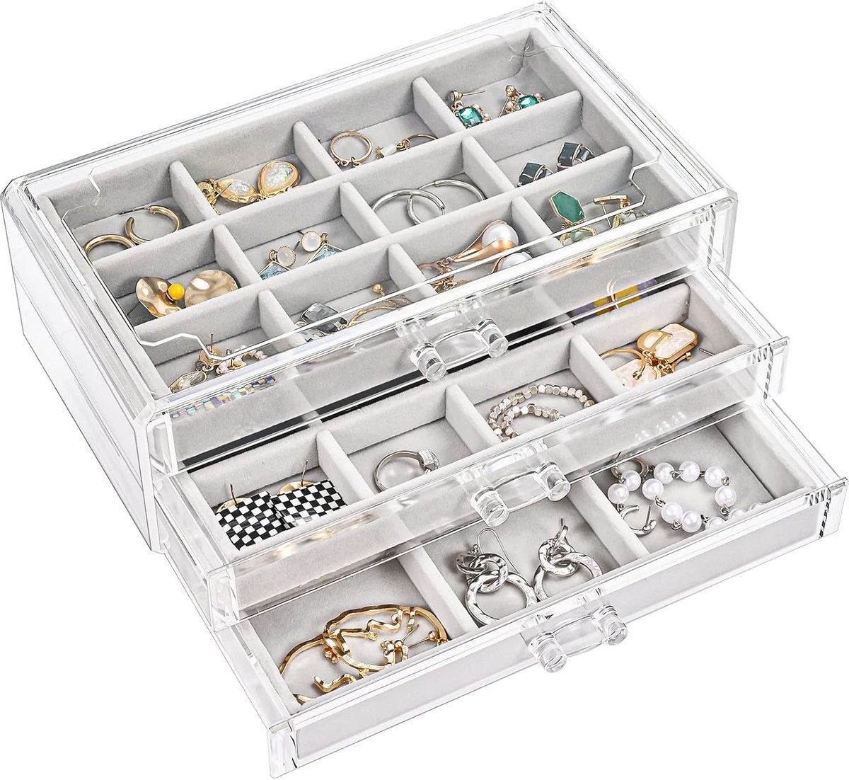 Thijox - ProCase Oorbel Organizer Sieraden Organizer Doos met 3 Laden, Acryl Stapelbare Sieraden Houder, Verstelbare Trays voor Dresser en Vanity - Gr