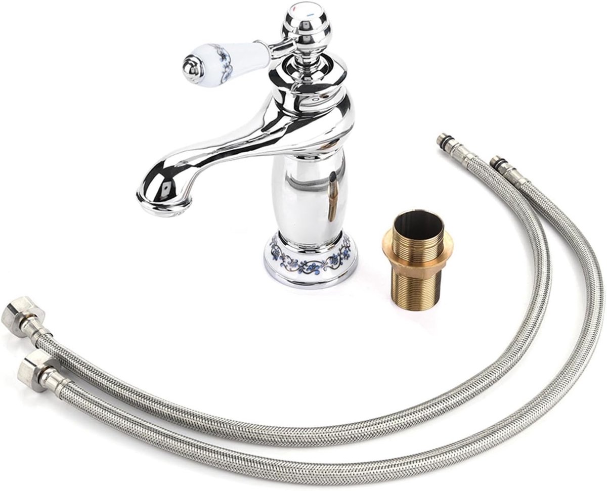Prachtige vintage mengkraan voor badkamer met gouden bloemenpatroon, enkele hendel en koud/warm waterfunctie voor wastafel en gootsteen