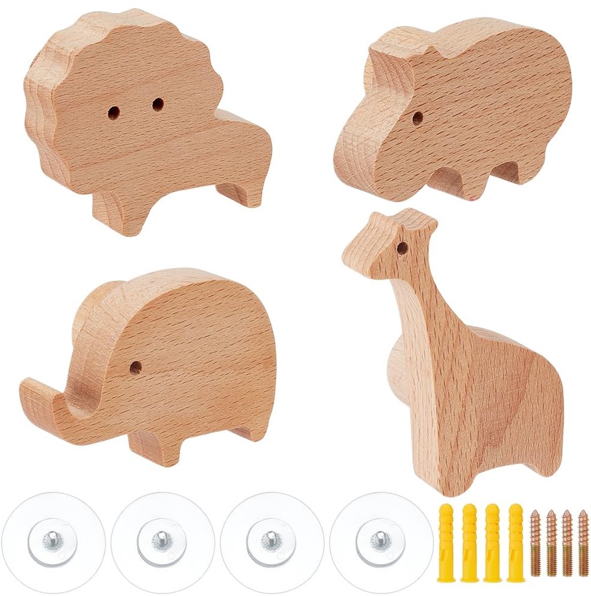 Dailygoods- Wandhaken 4 Stuks - Houten Wandhaken - Voor Jassen/Hoeden - Giraffe/Olifant/Leeuw/Nijlpaard - Multifunctioneel - Duurzaam Materiaal - Wandhaakjes