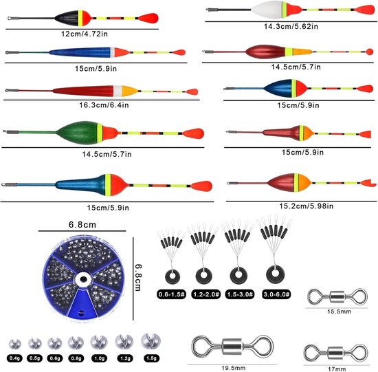 Thijox - Set van 10 Dobbers met 4 Rubberen Stoppers en 3 Wervels voor Vissen - Hengelaccessoires voor Forelvissen in Meren en Vijvers - Meer kleuren, van Thijox — afbeelding 4
