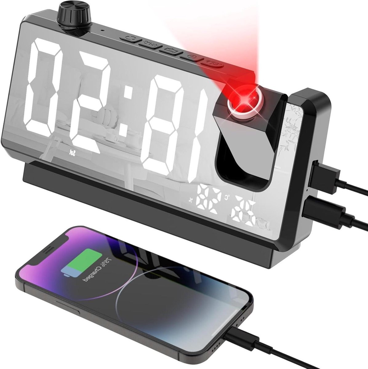 Wekker met Projectie - Digitale Nachtklok - Tijd Projecteren - Groot LED Display - 18.7 cm Breed - Zwart