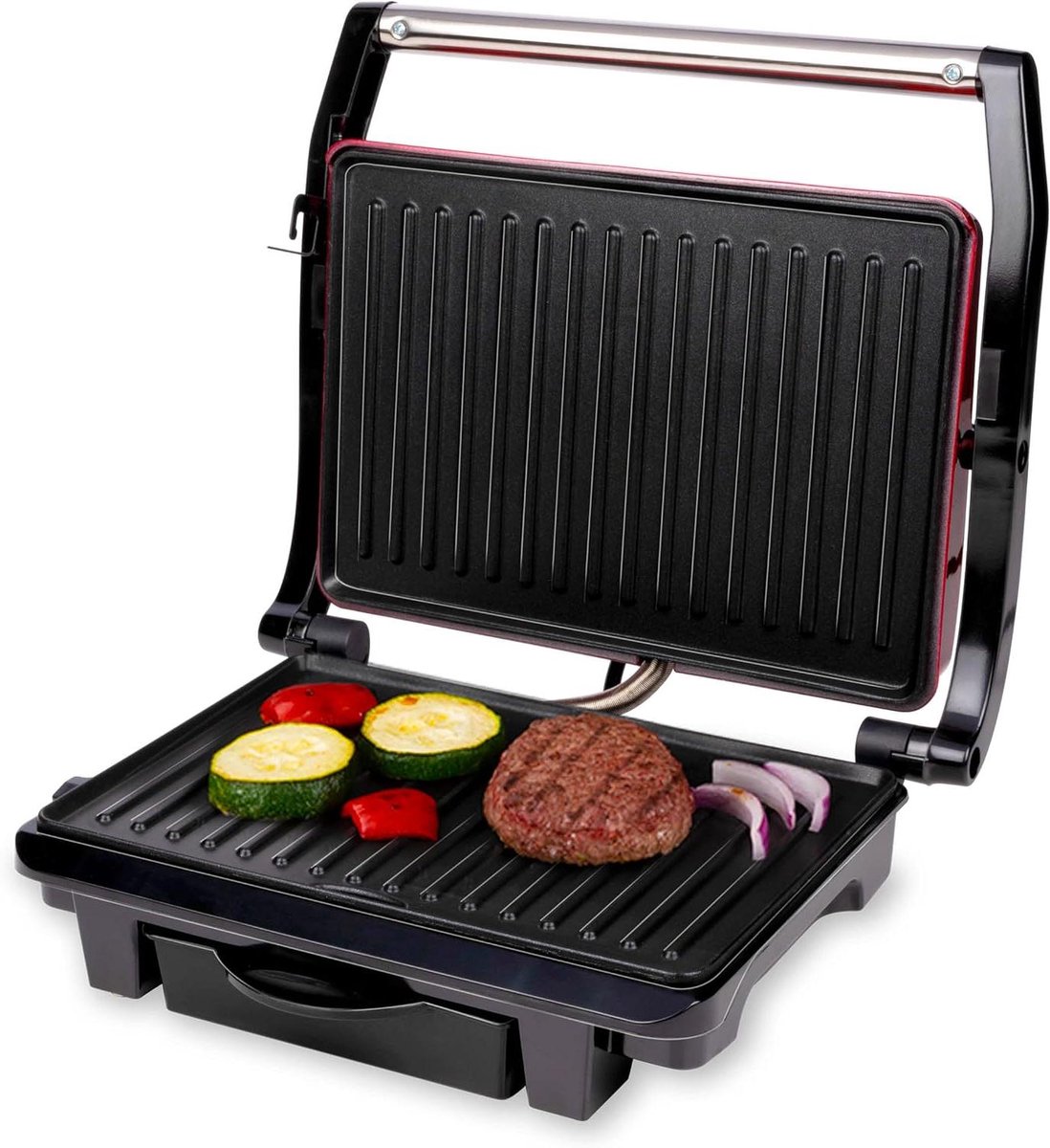 Contact Grill - Tosti Ijzer Panini - Snelle Maaltijden Bereiden - Anti-Aanbaklaag Indicatielampjes - 1000 Watt - Zwart Rood