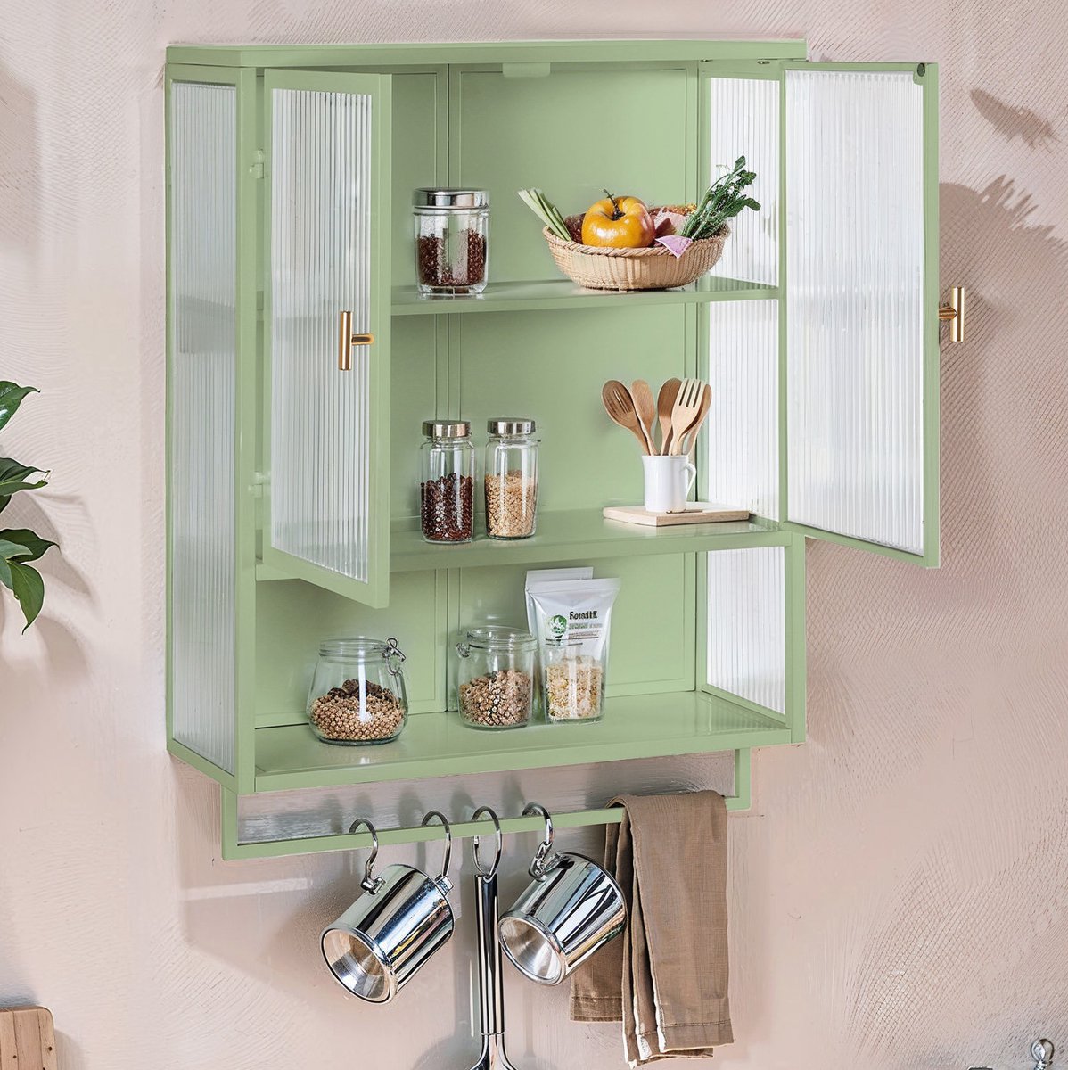 MEUNIQ wandkast 60 x 23 x 78 cm met glazen deuren, open vak en handdoekrek, wandmontage opbergkast met 2 deuren voor badkamer, hal of eetkamer, groen