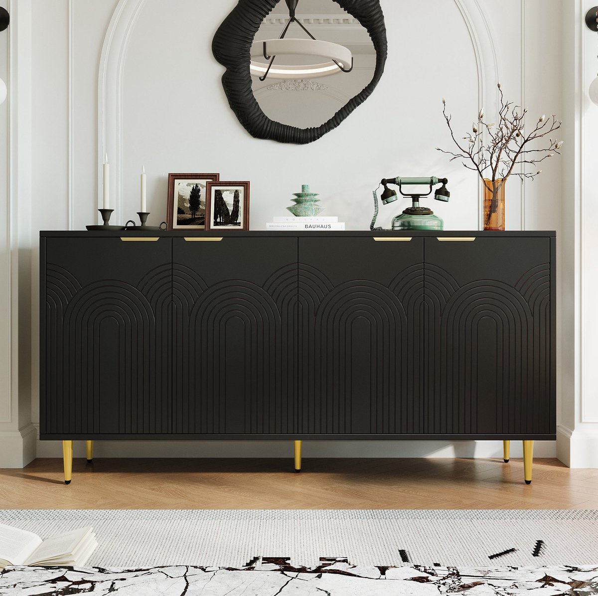 MEUNIQ dressoir 160 x 40 x 80 cm met 4 deuren en verstelbare planken, opbergkast voor woonkamer, eetkamer of slaapkamer, zwart met gouden accenten