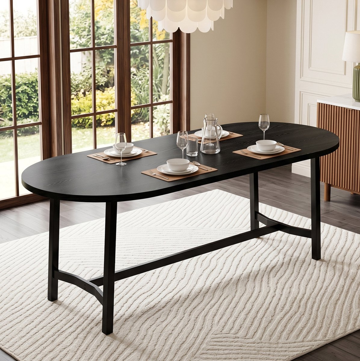 HAUSS SPOLE Eettafel - Voor 6 Tot 8 Personen Met Afgeronde Hoeken - Voor Eetkamer En Samen Dineren - MDF En Metaal - 180x80x75 Cm - Zwart
