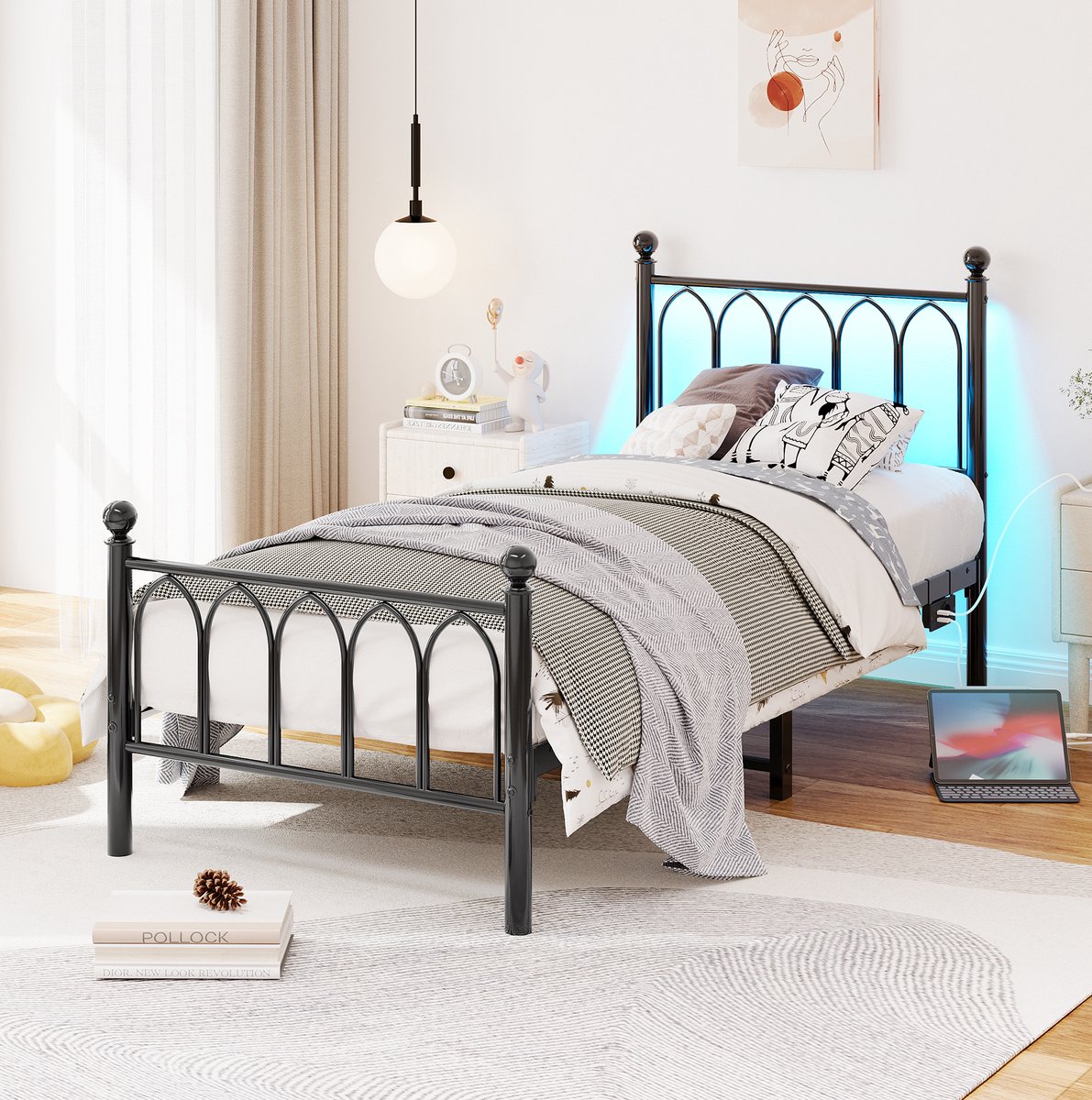 FloraGrace Metalen Bed 90x200 cm - Met LED En USB-Oplaadstation - Met Onderbed Opbergruimte - Eenpersoons - Zwart - Zonder Matras