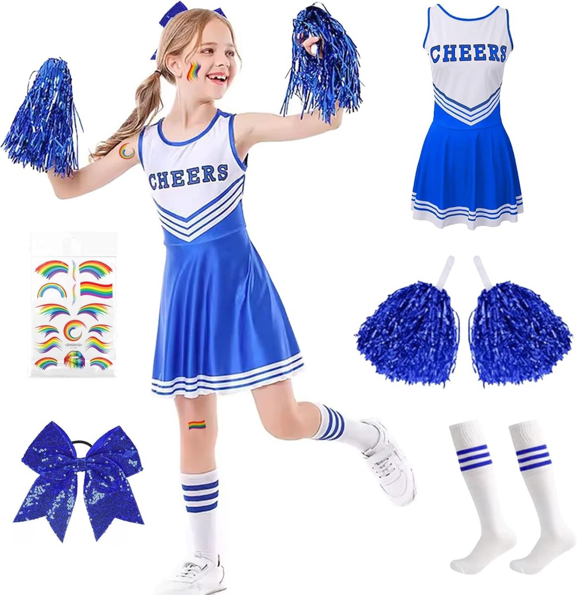 Leuke Cheerleader Kostuum voor Kinderen, Blauwe Outfit met Jurk, Pompoms, Sokken, Strik en Stickers voor Carnaval en Feestjes