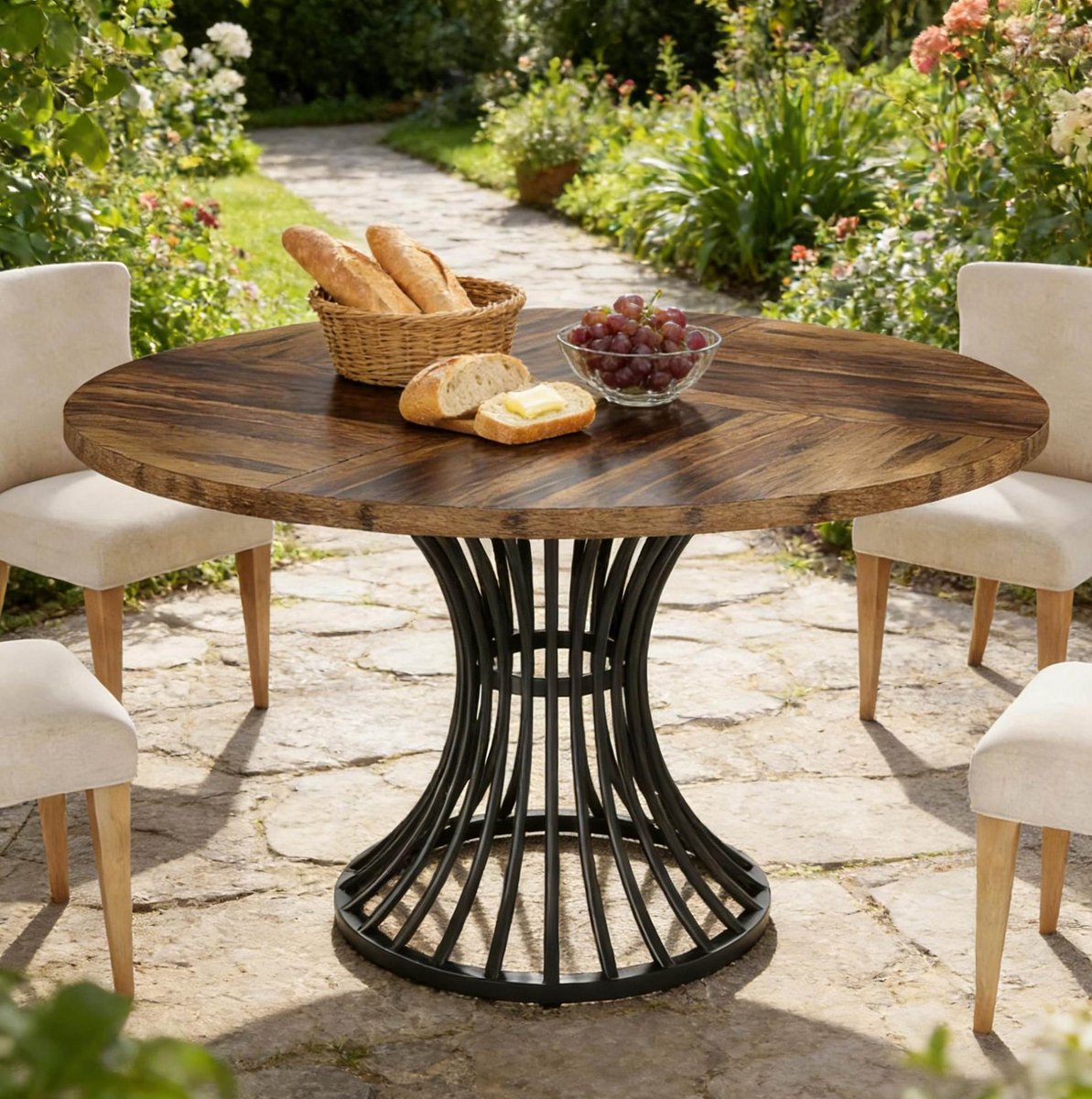 HAUSS SPOLE Eettafel - Ronde Tafel Voor 4 Tot 6 Personen Met Verstelbare Voetdoppen - Eetkamer En Horeca - MDF En Metaal - 119 Cm - Zwart Rustiek Bruin