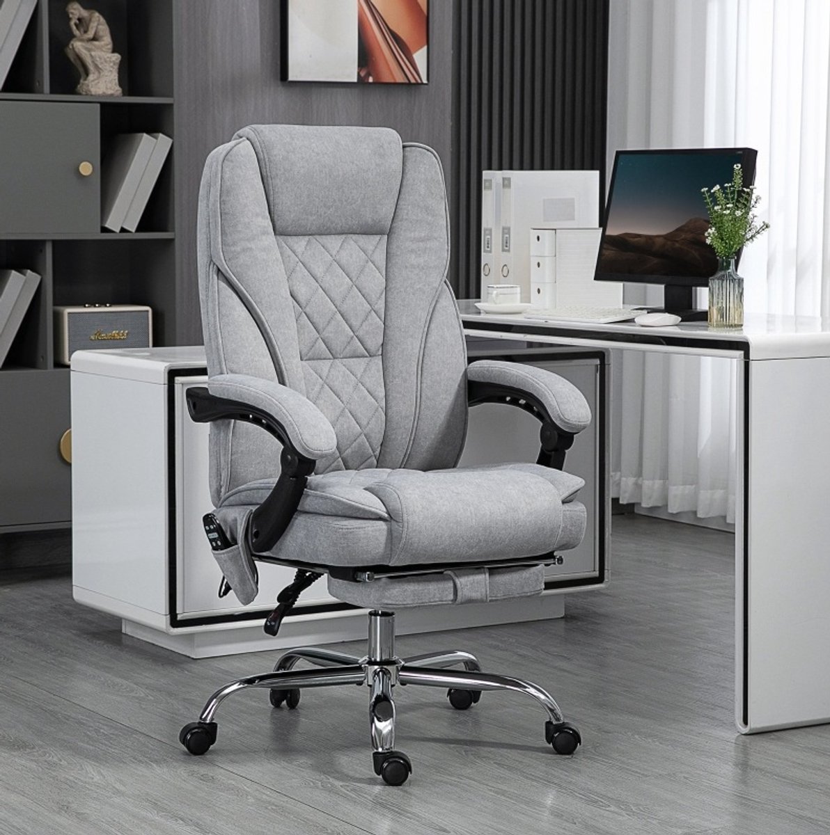 MIVRAY Bureaustoel 67 x 72 x 111-119 cm - Vibratiemassage en Verwarming met Ligstand en Voetsteun - Thuiskantoor - Grijs Polyester