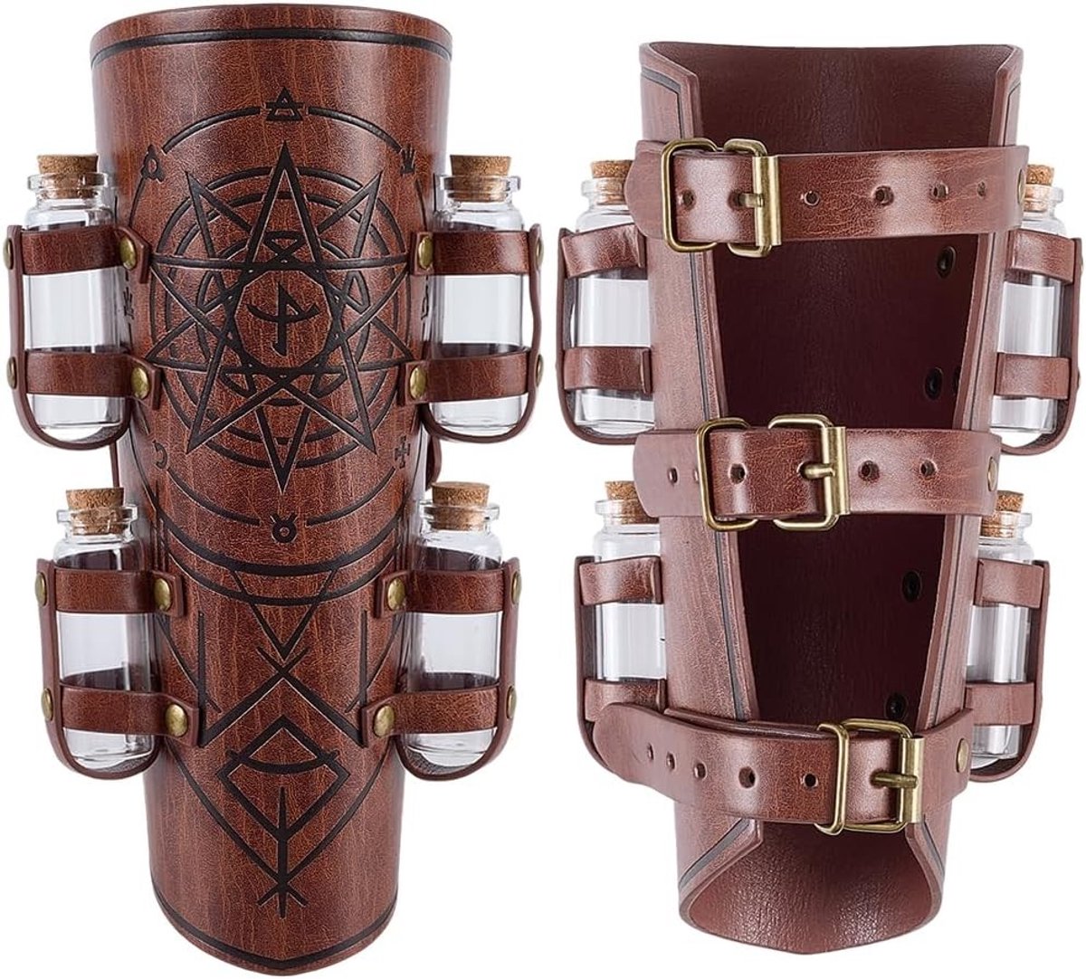 Medieval Embossed Alchemy Bracers met 8 Kork Vials - Retro Renaissance PU Leren Polsbanden, Bruine Viking Faux Leren Arm Guards en Boogschutter Handschoenen voor Mannen