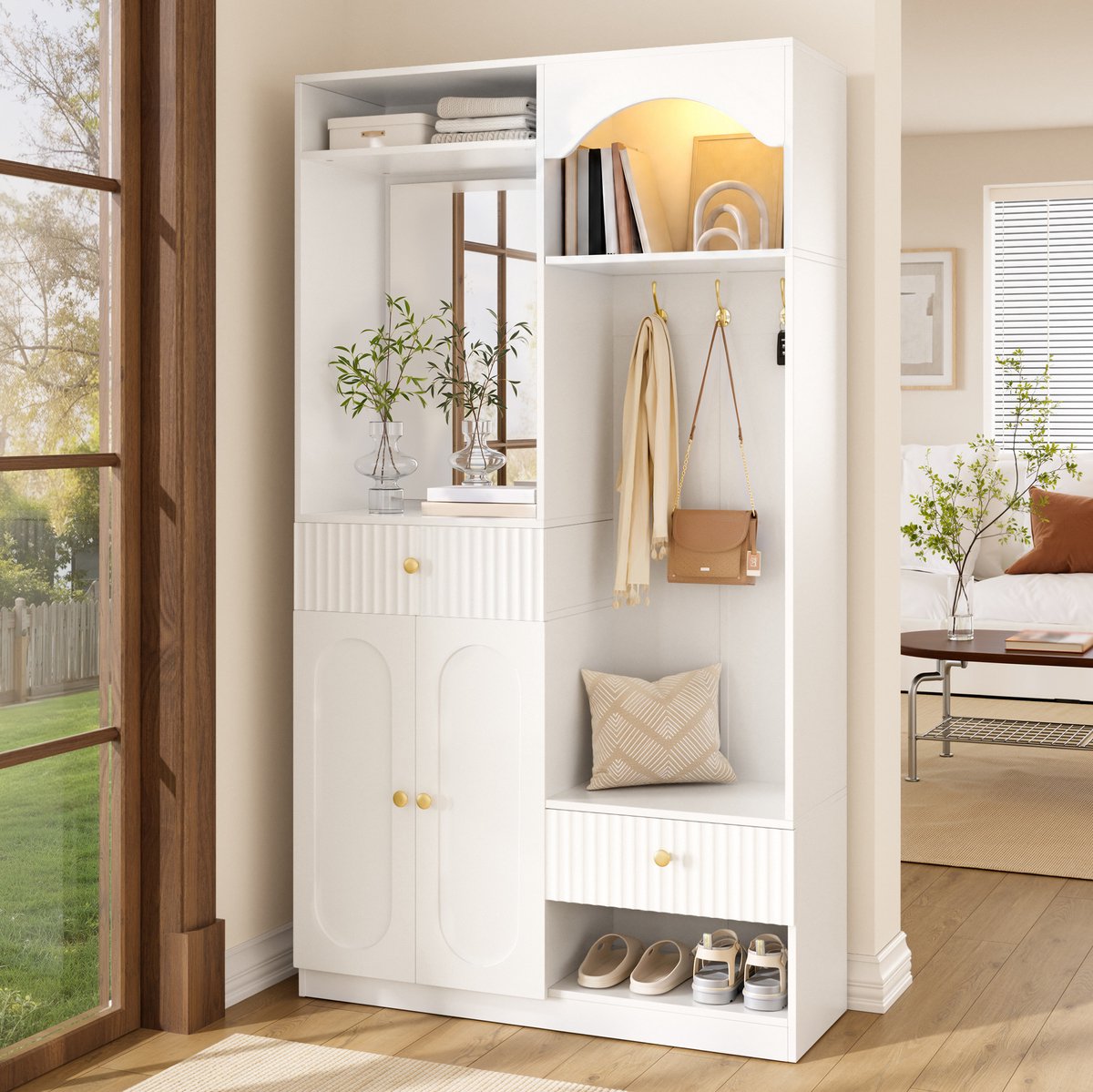 MIVRAY Schoenenkast - Kompakte Halkast Met Spiegel, Zitbank En Ledverlichting - Voor Hal En Entree - MDF - 100 X 35 X 180 Cm - Wit