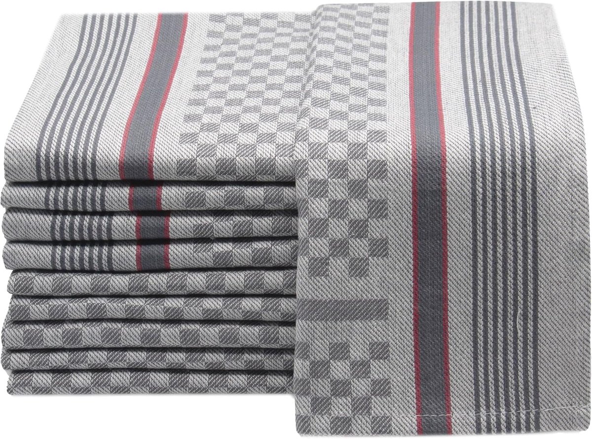 Thijox - Set van 10 Theedoeken 45x90 cm - Katoen Grijs Geruit - Keukenhanddoeken voor Vaat, Handdoek, Aanraakdoek - Ideaal voor Keuken, Feest, Camping