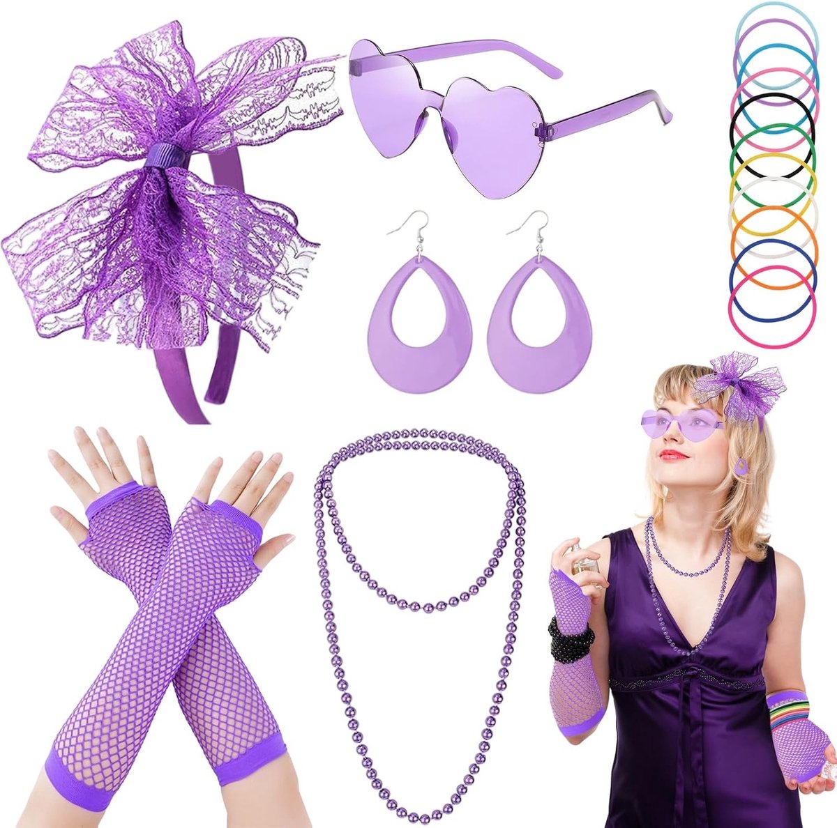 Stijlvolle jaren 80 damesoutfit met accessoires zoals hoofdband, zonnebril, armband en oorbellen voor retro feesten
