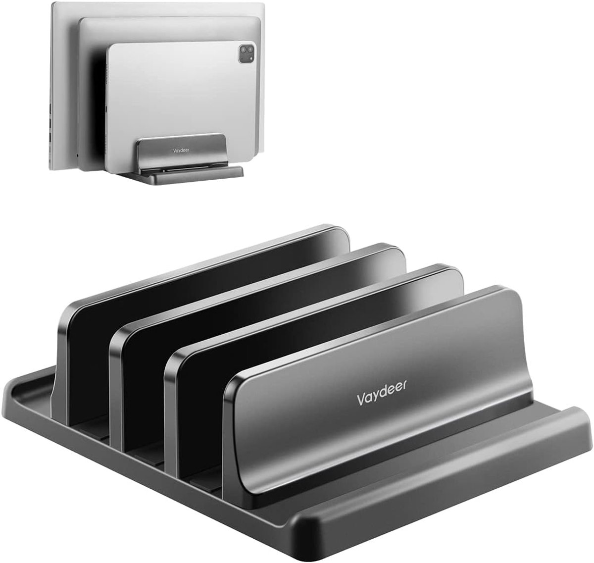 Thijox - Verstelbare Laptopstandaard voor MacBook, iPad en Laptops - Verticale Houder met 3 Groeven - Elegant Zwart Ontwerp voor Thuis en Kantoor
