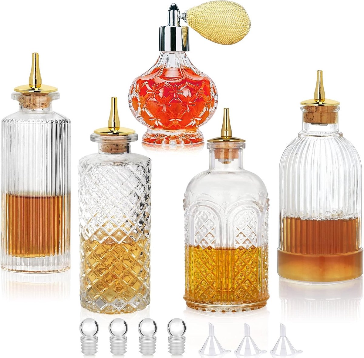 Set van 5 Glazen Bitters Flesjes met Vernevelaar en Verchroomde Top voor Cocktails en Drankpresentatie