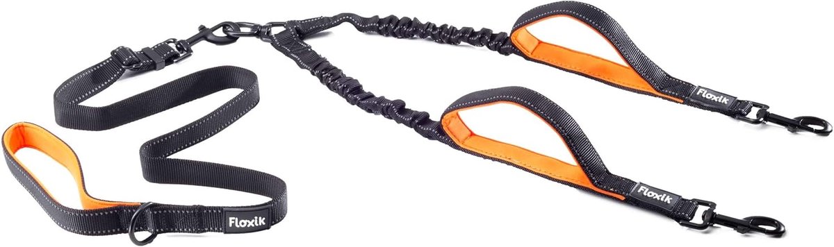 Thijox - Dubbele hondenriem set voor 2 honden | Flexibele, reflecterende premium riem zwart | Korte houder, ideaal voor wandelingen, training en dagel