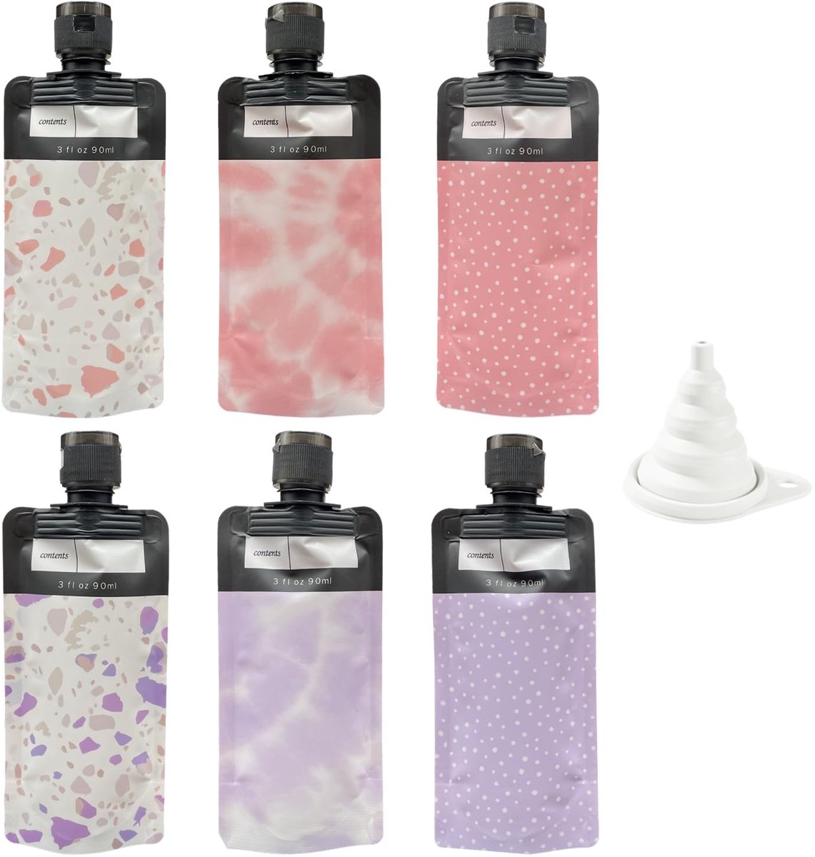 Dailygoods- Knijpreisflessen 6 stuks 90 ml - Toilettas - Trechter - Cosmeticacontainer - Herbruikbaar - Kunststof - Cosmeticaflessen