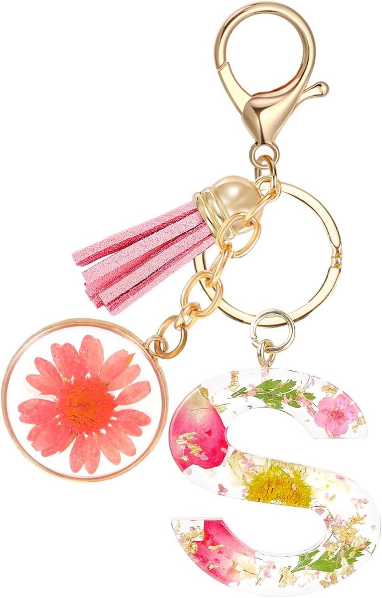 Thijox - Sleutelhanger initiaal S, roze hars sleutelhanger voor dames, trendy portemonnee en handtasaccessoire, bedels, perfect voor feest en dagelijk