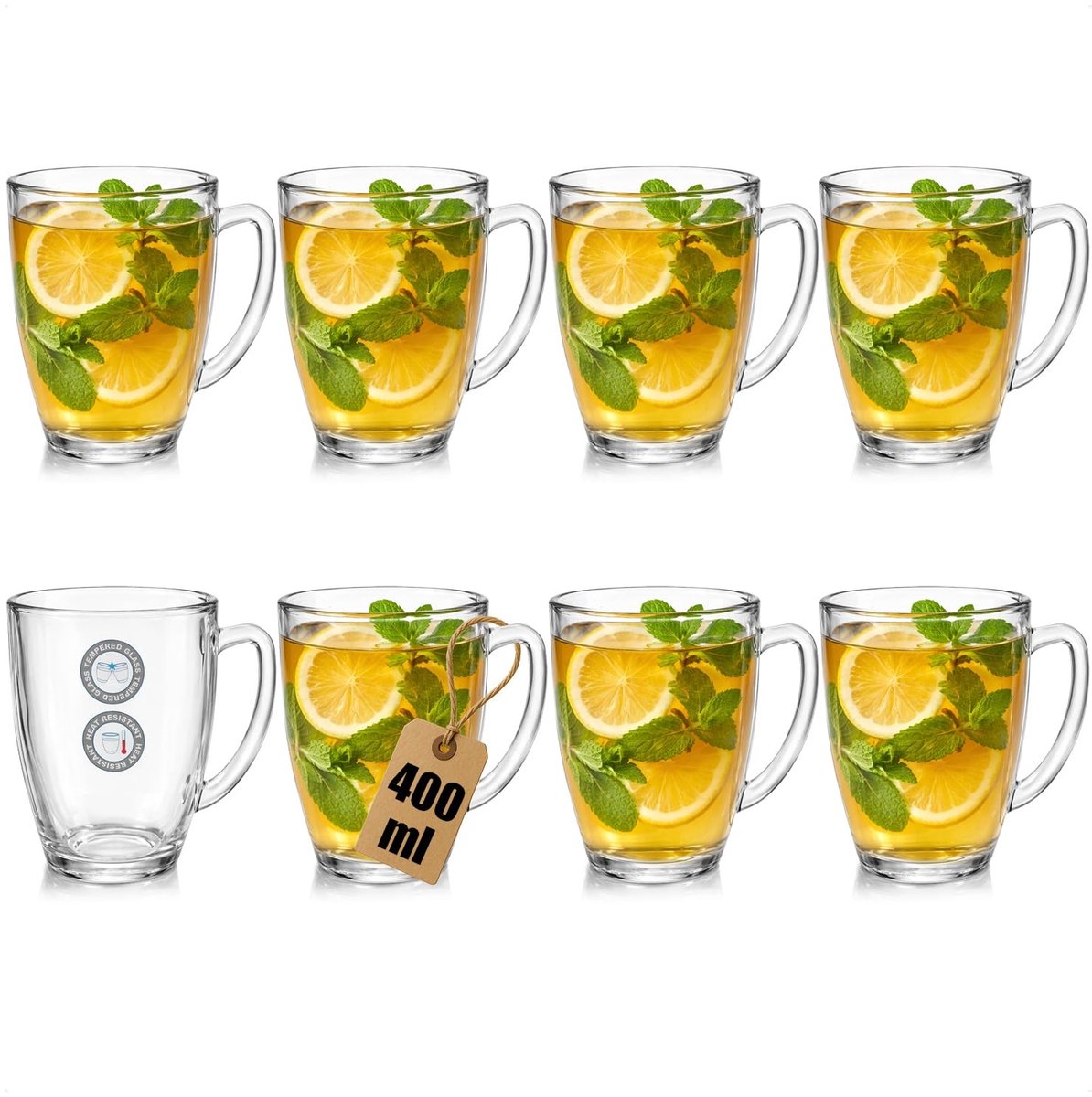 Dailygoods- Theeglazen Hittebestendig - Theeglazen Groot - Drinkglazen 400 ml - Set van 8 - Gehard Glas - Duurzaam en Robuust