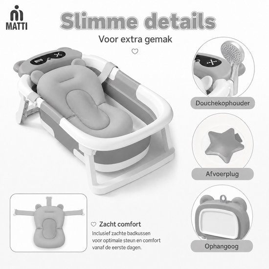 MATTI® - Baby Bad- Babybad - Baby Badset - Opvouwbaar - Inclusief Kussen en Thermometer - Grijs — afbeelding 3