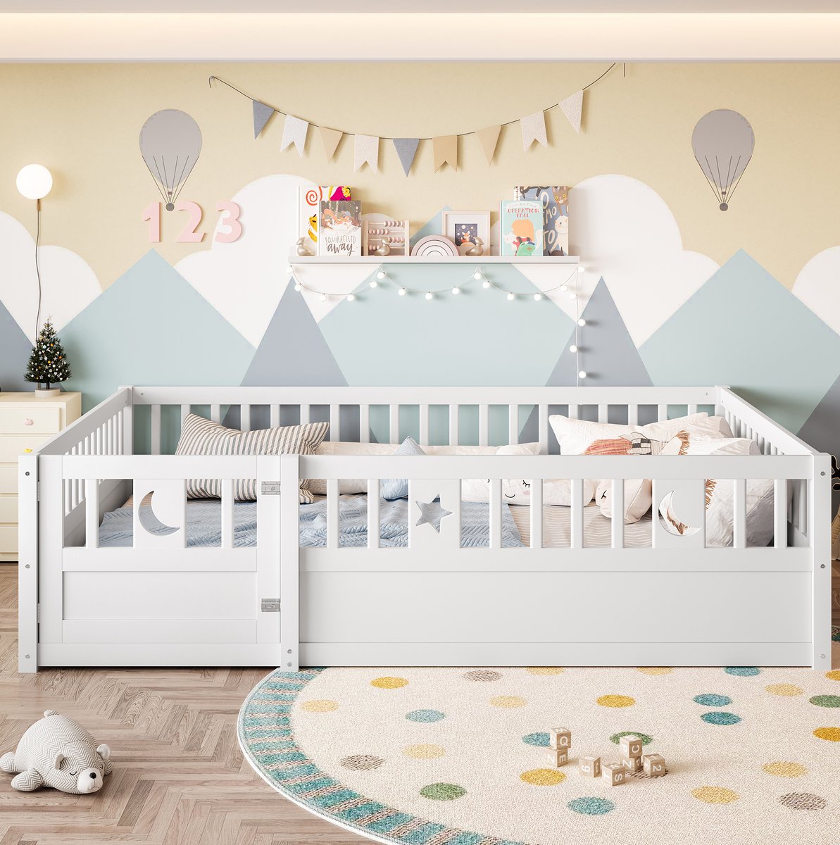 COVREO Kinderbed 196x146x55 cm – wit, hout, veiligheidshek met vergrendelbare deur
