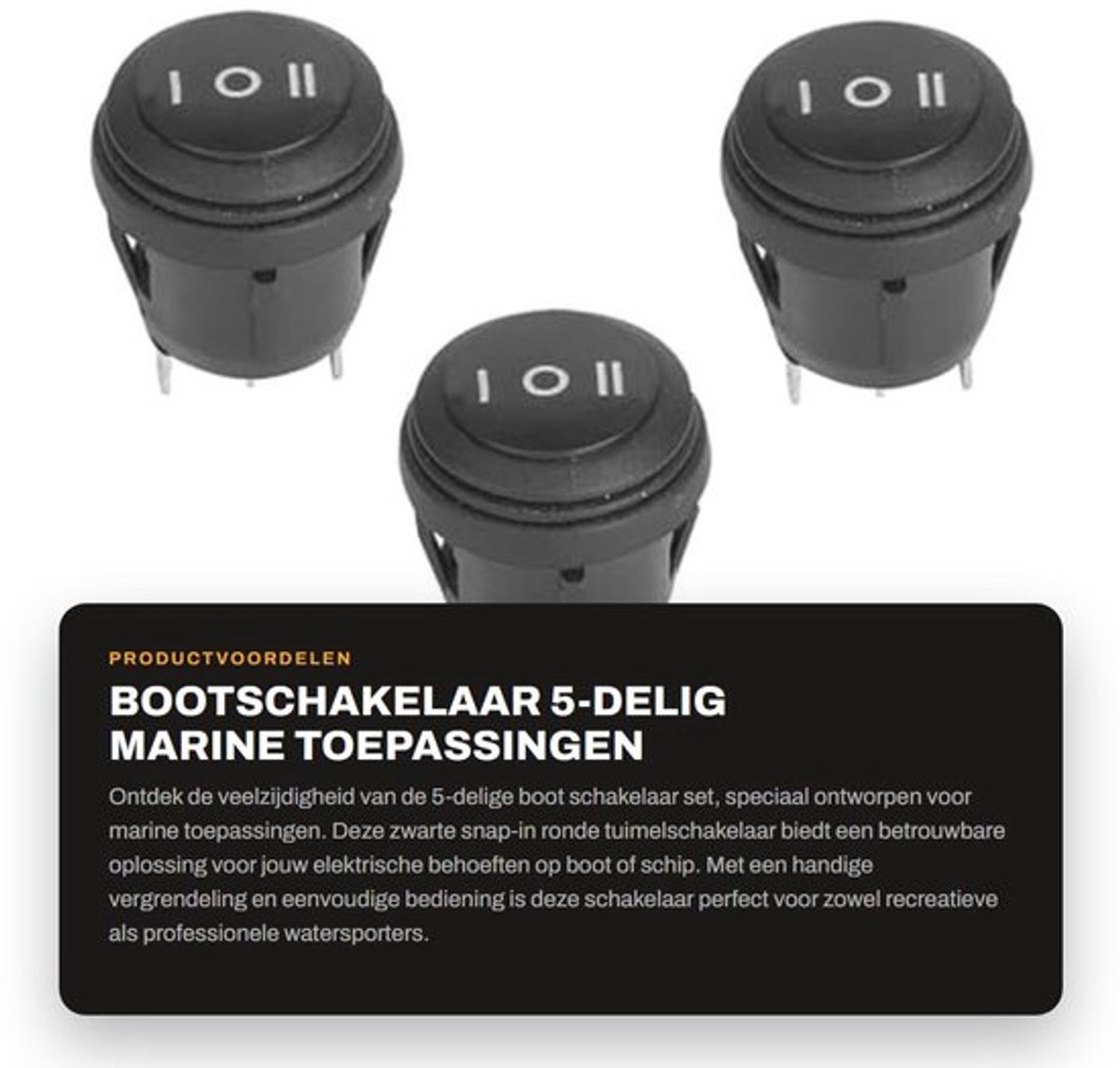 Bootschakelaar 5-delig - Marine Toepassingen - Ronde Tuimelschakelaar met Vergrendeling - Zwart - Schakelaars Set - Inclusief Boot-Knop