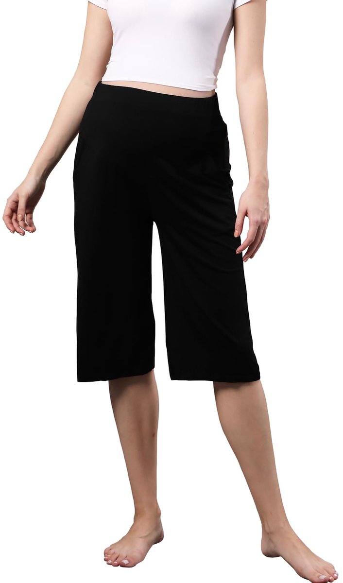 SnelShoppen - Zwangere Vrouwen Loungebroek, Capribroek Boven de Buik, Stretch Sweatpants, Lichtgewicht Viscose, Zacht en Ontspannend, Maat M, Zwart me