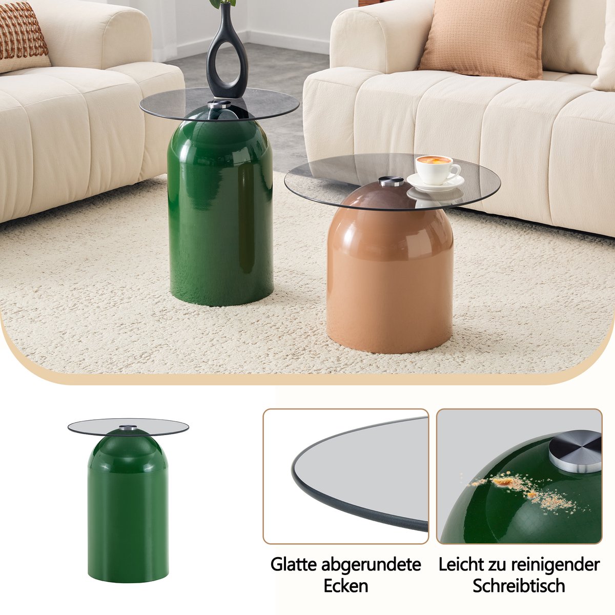 2-delige salontafelset in klokvorm, vervaardigd van gehard glas en hoogglans gelakt koolstofstaal, in de kleuren groen en lichtbruin, geschikt voor woonkamer, slaapkamer en kantoor.