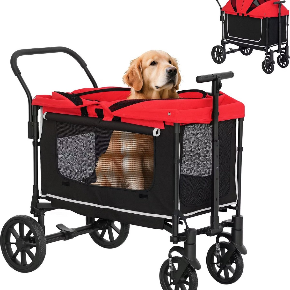 2-in-1 Hondenbuggy & Handkar – Opvouwbare Dierenwagen voor Honden & Katten tot 30 kg – Rood