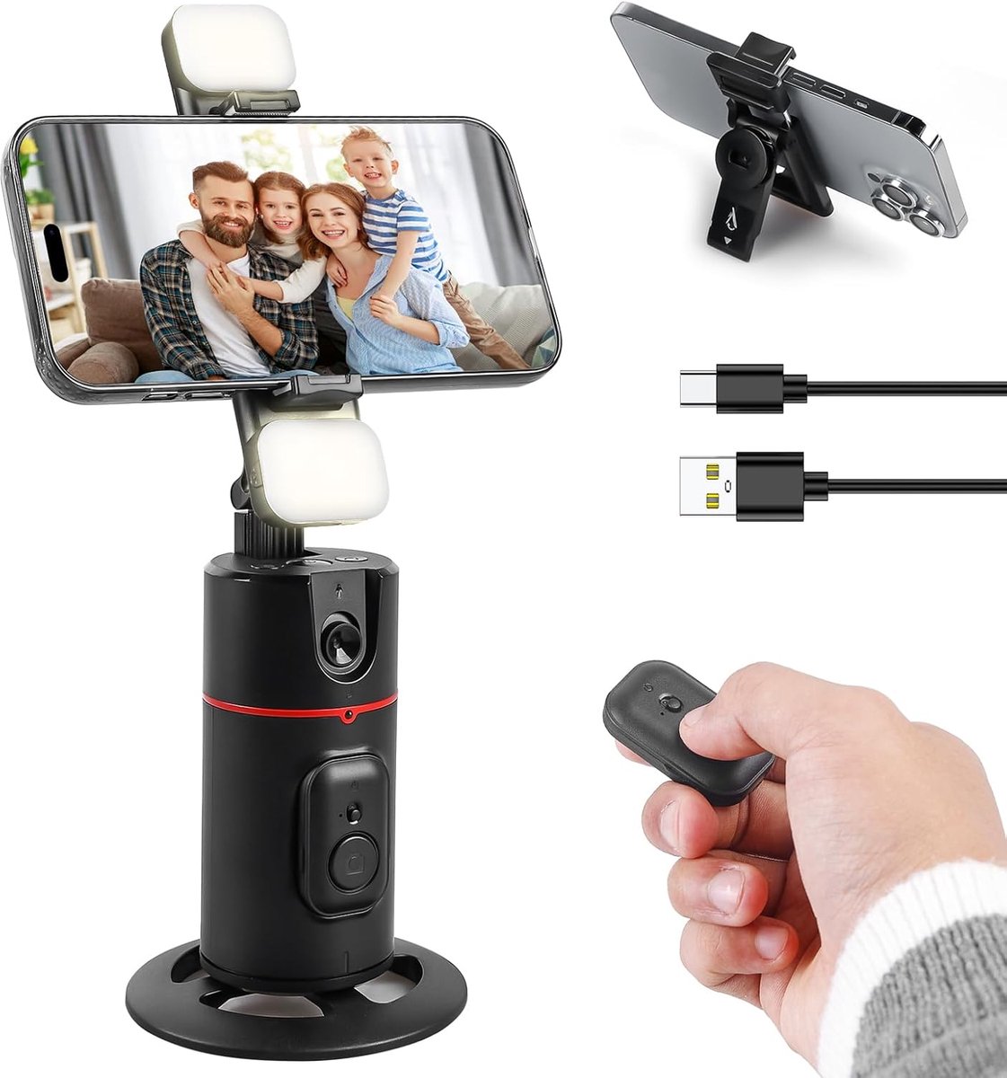 SnelShoppen - 360° Rotating Smartphone Tripod met Gezichtsdetectie, Handenvrij Selfie Statief, Camera Statief met Afstandsbediening en Invullicht voor