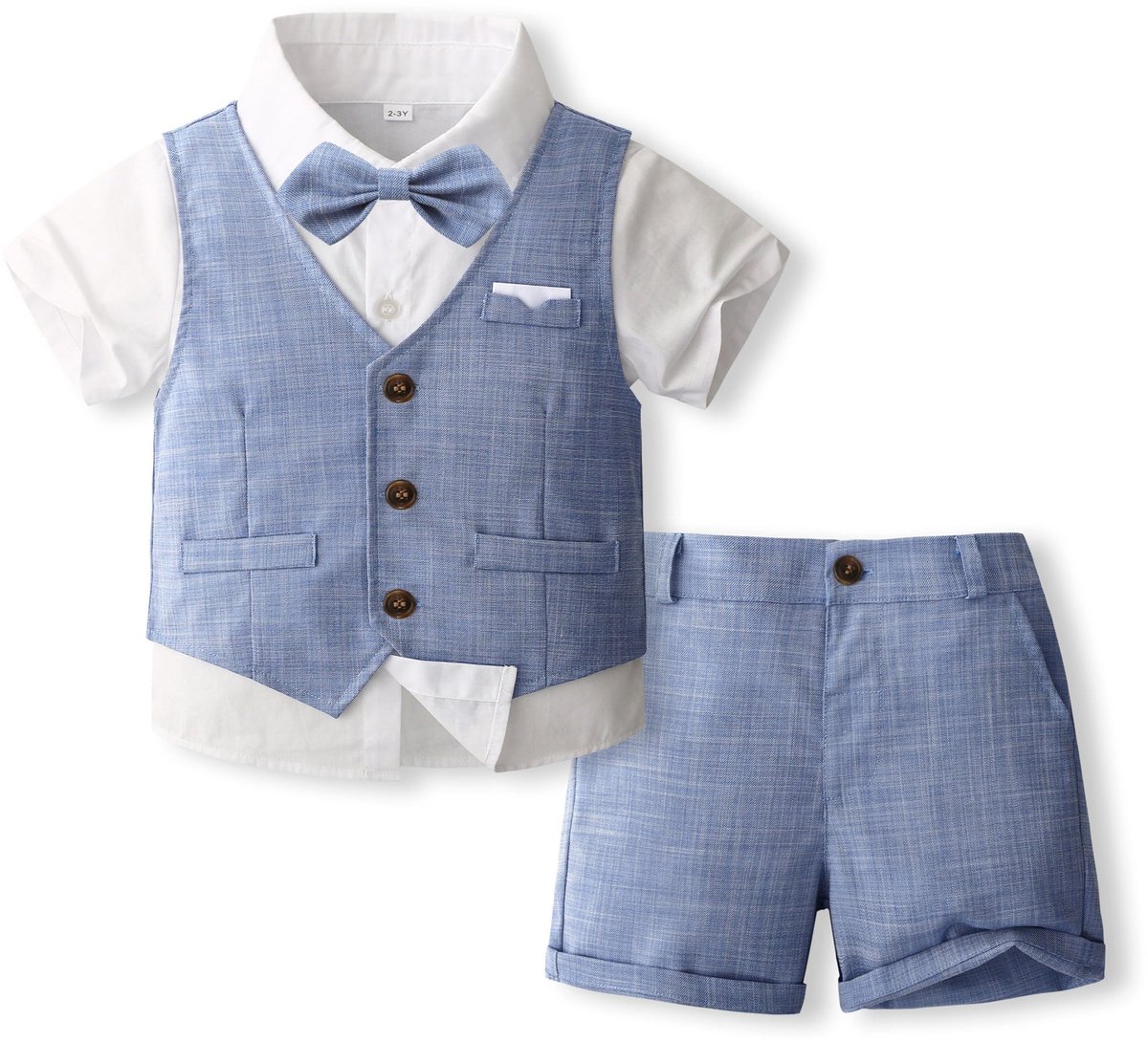 SnelShoppen - Volunboy Babypak voor jongens, 4-delige set met zomers pak, vest, hemd met vlinderdas en shorts, blauw, ideaal voor feestelijke bruiloft