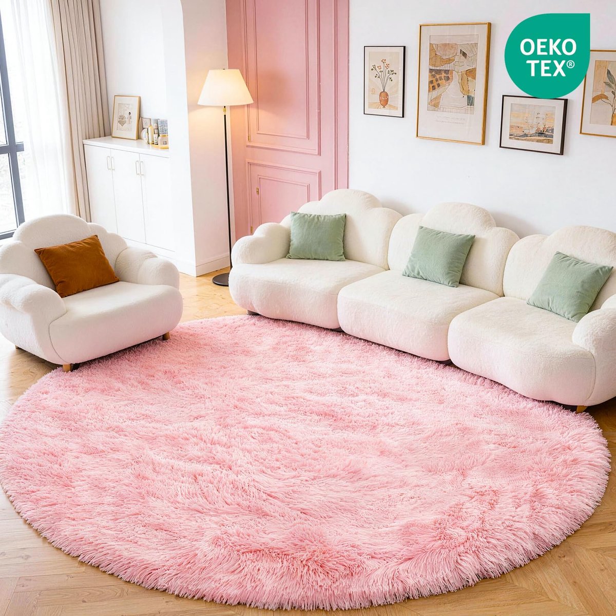 SnelShoppen - Rond Vloerkleed 120 cm Roze Hoogpolig Wasbaar Antislip Zacht Woonkamertapijt Modern voor Slaapkamer en Kinderkamer